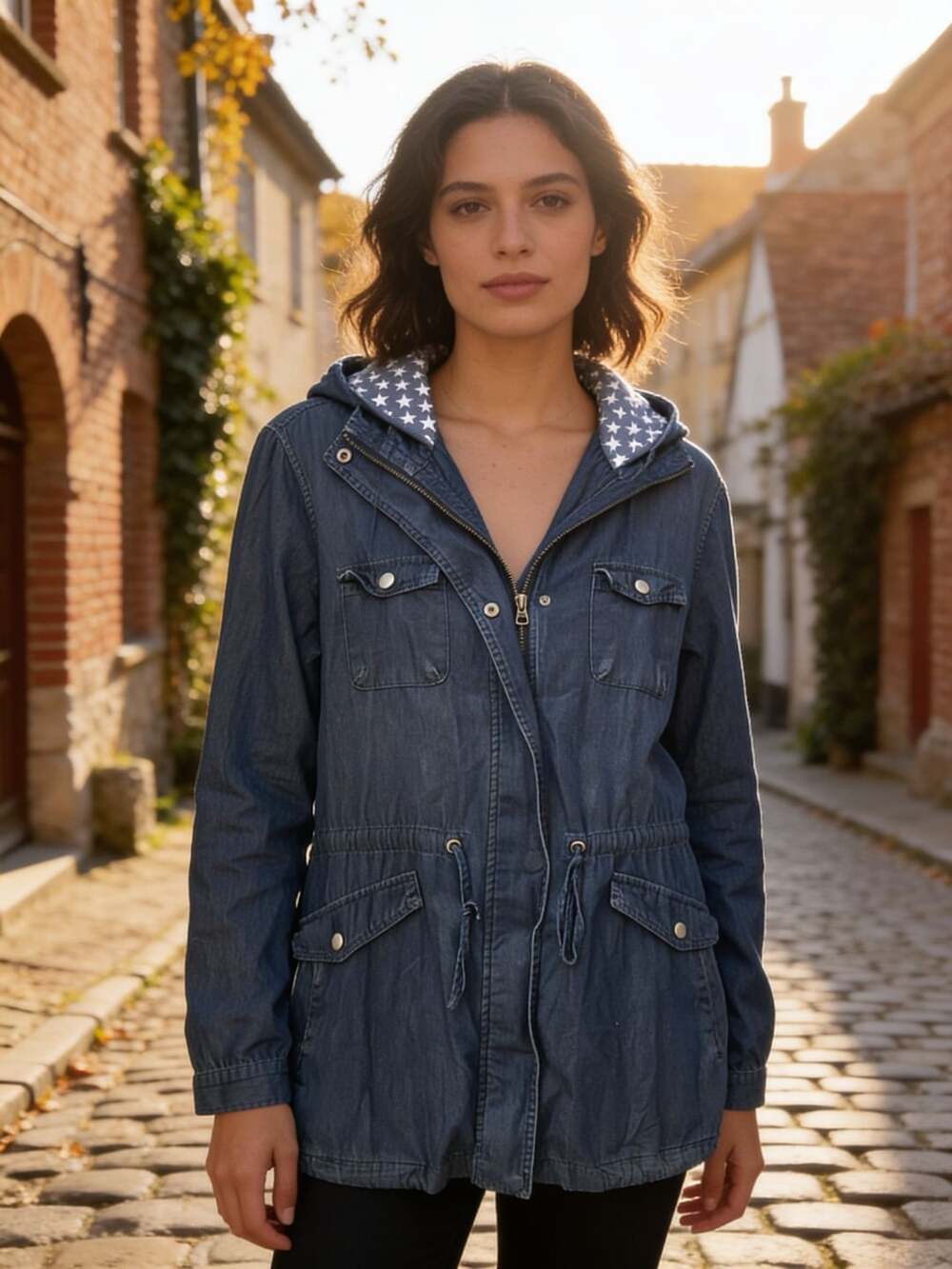Torrid Blue Denim Hooded Utility Anorak Jacket with Star Print Lining Plus Size